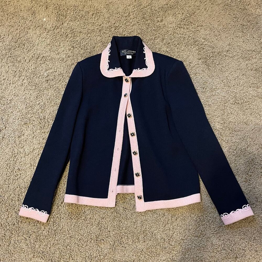 St. John Collection Cardigan Sweater Full Button Navy pink Trim sz 4